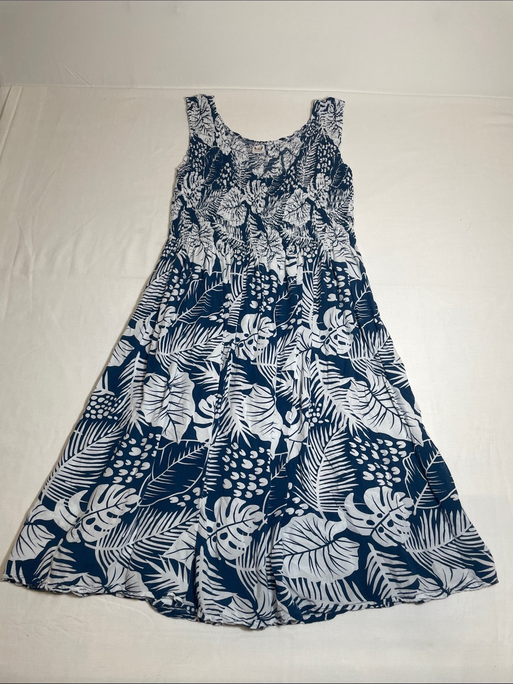 Navy & White Tropical Midi Dress with Smocked Bodice